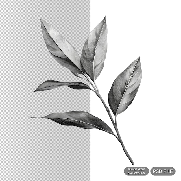 Elegant Black and White Botanical Illustration of a Leafy Branch with Detailed Texture and Fine Lines