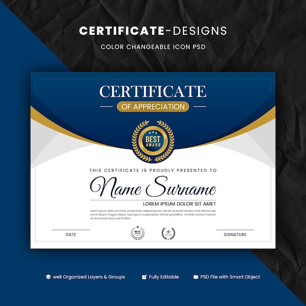 PSD elegant blue and gold diploma certificate vector image