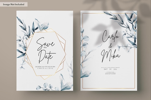 PSD elegant blue watercolor leaves wedding invitation card