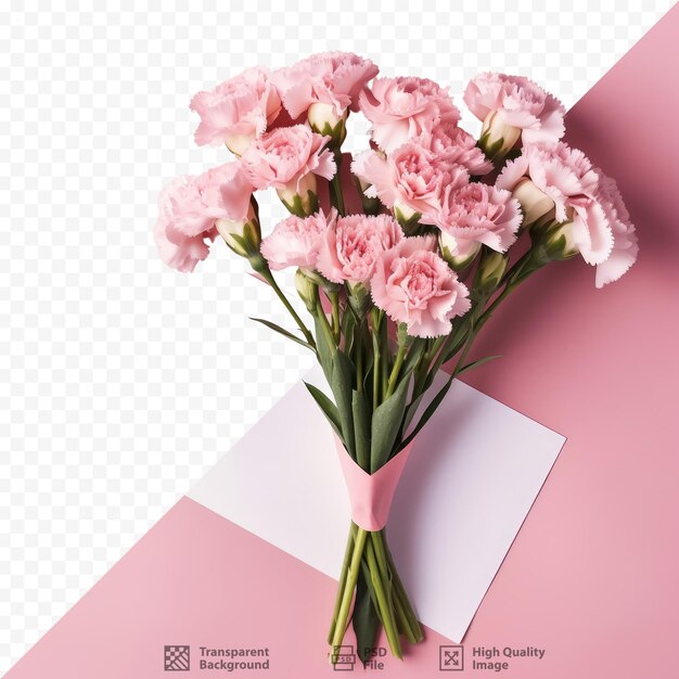 PSD elegant bouquet of carnation flowers with a gift card on transparent background flat lay concept