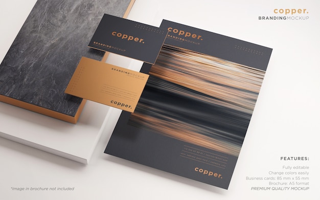 Elegant branding stationery psd mockup in dark and copper