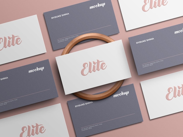 Elegant business card mockup with realistic wood 3d rendering and overly shadow