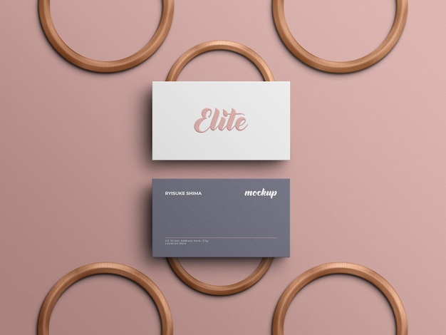 Elegant business card mockup with realistic wood 3d rendering and overly shadow