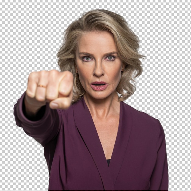 PSD elegant caucasian woman in studio setting showing fist to camera aggressive isolated on transparent