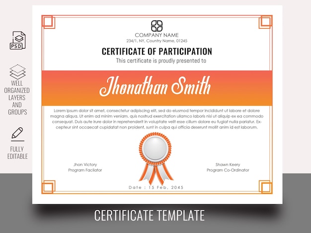 Elegant certificate of participation template Premium Psd