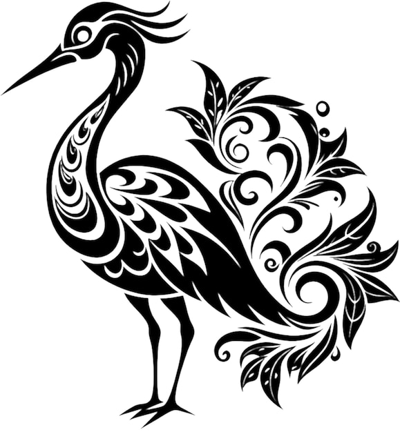 Elegant Crane Silhouette in Damask Swirl Stencil