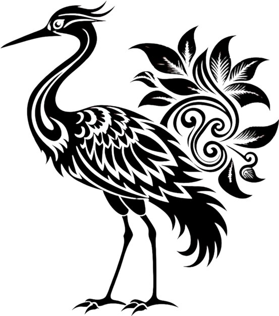 PSD elegant crane silhouette in damask swirl stencil