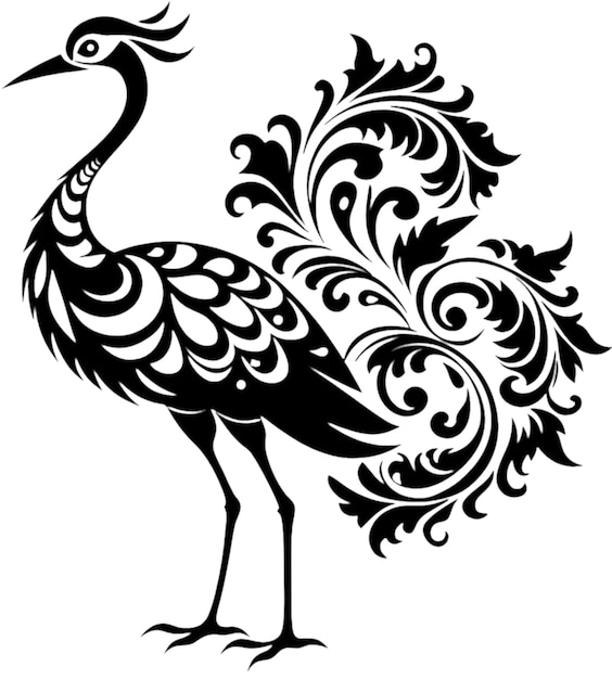 Elegant Crane Silhouette in Damask Swirl Stencil