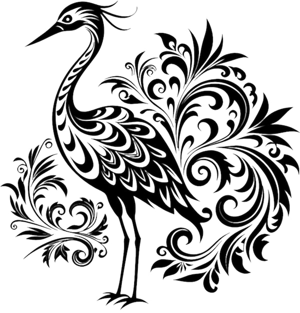 Elegant Crane Silhouette in Damask Swirl Stencil