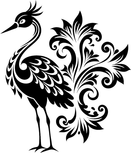 PSD elegant crane silhouette in damask swirl stencil