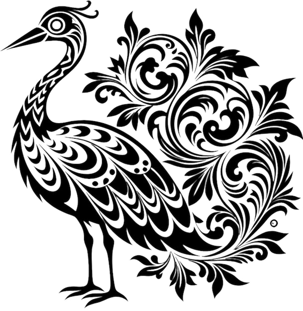 Elegant Crane Silhouette in Damask Swirl Stencil