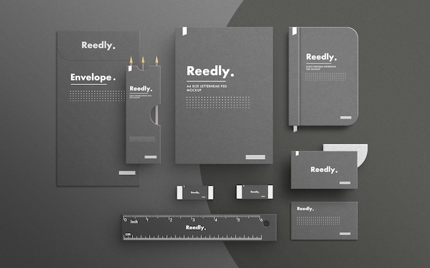 Elegant dark stationery set with envelope mockup