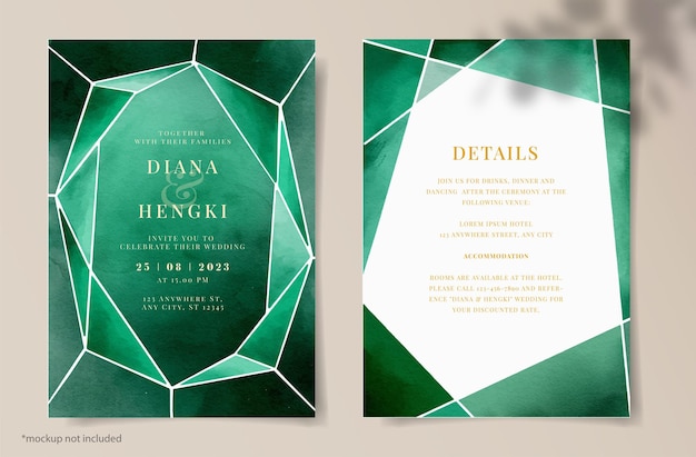 PSD elegant diamond emerald green watercolor on wedding invitation card template