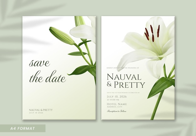 elegant double sided wedding invitation with watercolor digital painting of lily flower