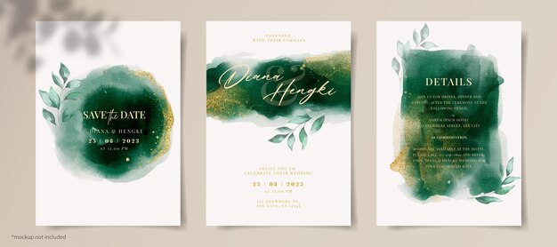 PSD elegant emerald green watercolor and gold with leaves on wedding invitation card template