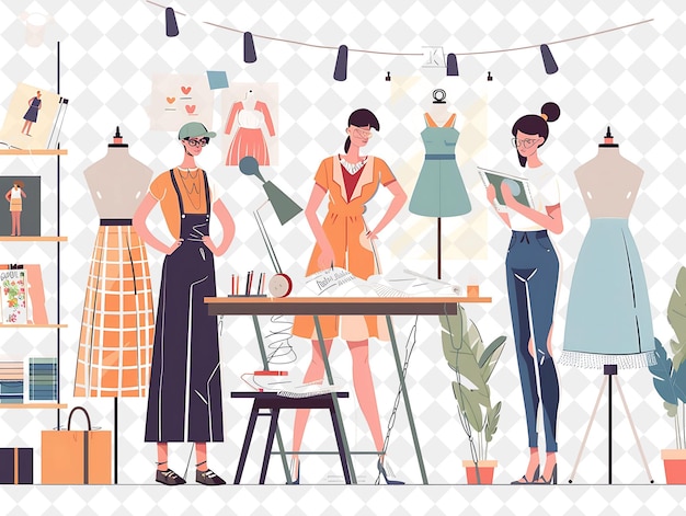 PSD elegant fashion designer with characters sketching dresses a png people in daily work illustration