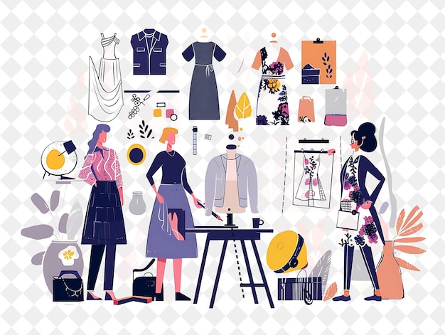 PSD elegant fashion designer with characters sketching dresses a png people in daily work illustration