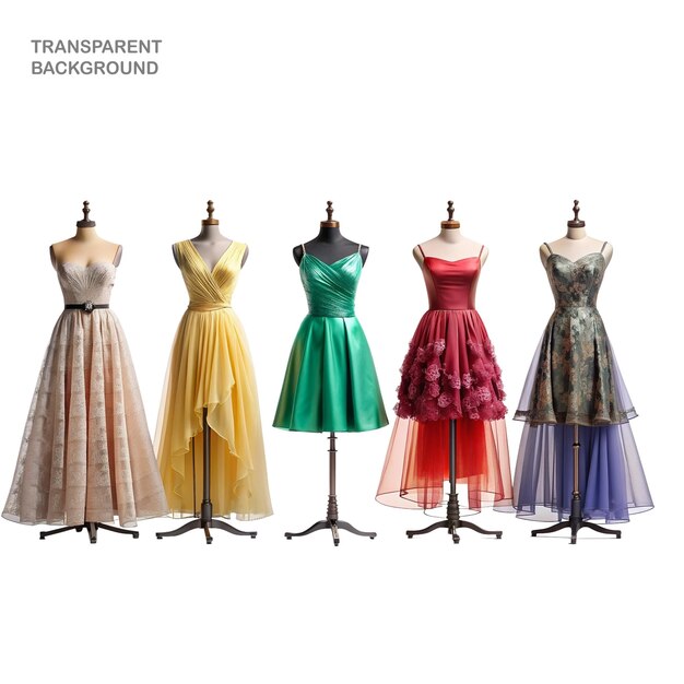 PSD elegant and fashionable party dress mannequin on a stand isolated against a clear backdrop