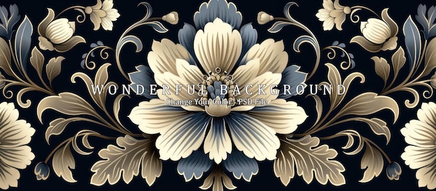 PSD elegant floral pattern with detailed blossoms leaves and swirls in beige and grey on a black background beautiful baroque design for fabric wallpaper and digital art