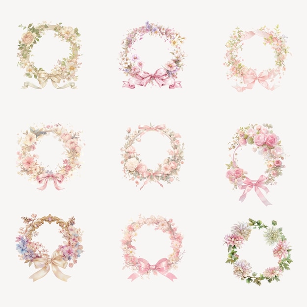 PSD elegant floral wreaths with pastel ribbons set