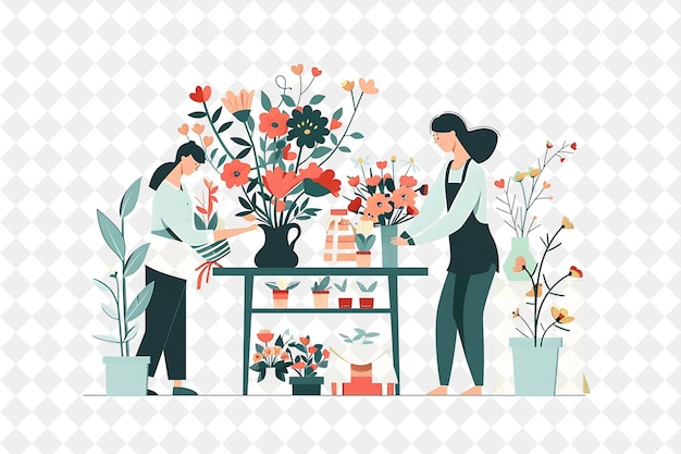 PSD elegant florist with characters arranging flowers and design png people in daily work illustration