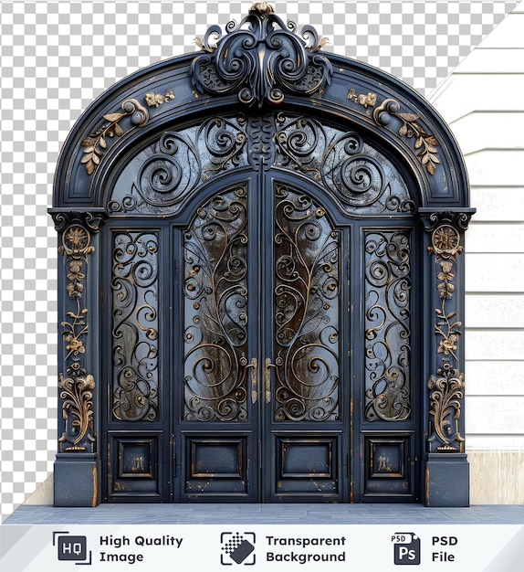 Elegant French door with wrought ironwork and beveled glass on transparent background