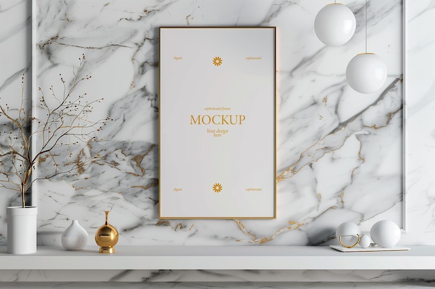 PSD elegant gold and white frame mockup in a modern marble setting with decorative elements