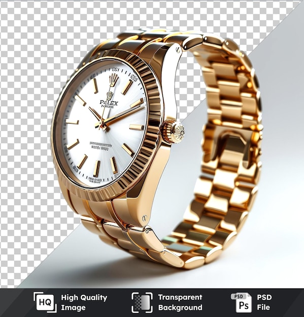 Elegant gold wrist watch with gold clock and black shadow on transparent background