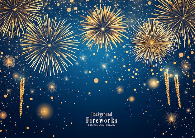 Elegant golden fireworks on a dark blue background with space for text in the style of a New Year