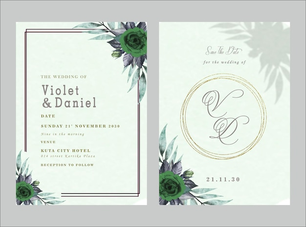 Elegant greenery on wedding invitation card template psd