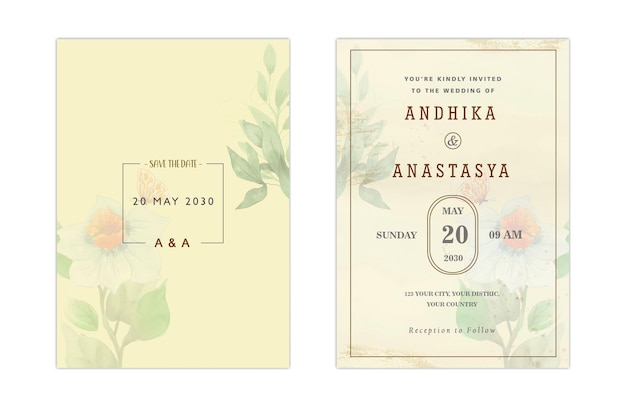 Elegant greenery on wedding invitation card template psd