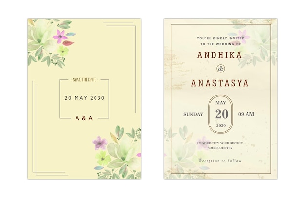 Elegant greenery on wedding invitation card template psd