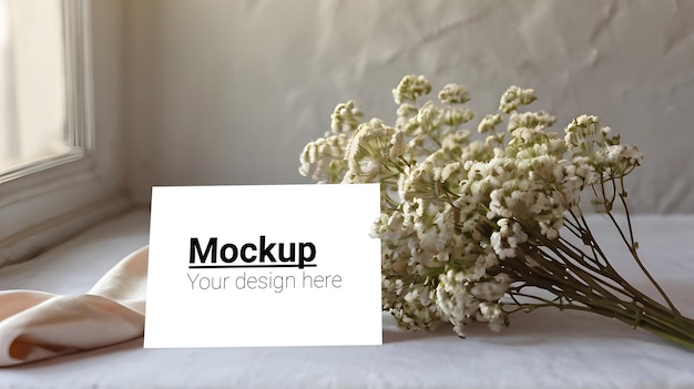 PSD elegant greeting card mockup with fresh floral arrangement