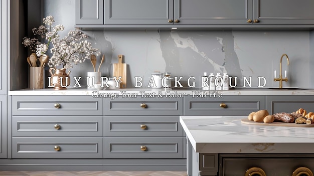 PSD elegant interior with gray drawers under kitchen