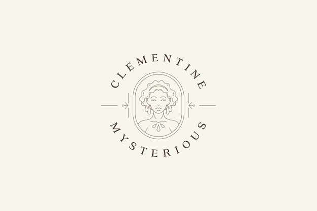 PSD elegant mysterious woman portrait with fashion accessories line art logo design template