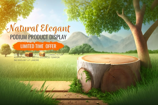 elegant and natural podium with wood and grass, stage display mockup for show product presentation