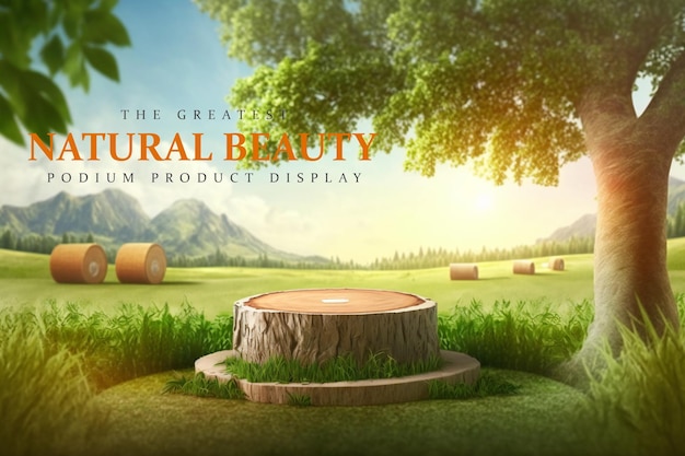 elegant and natural podium with wood and grass, stage display mockup for show product presentation