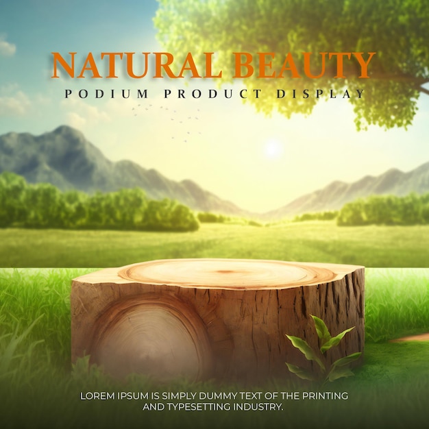 elegant and natural podium with wood and grass, stage display mockup for show product presentation