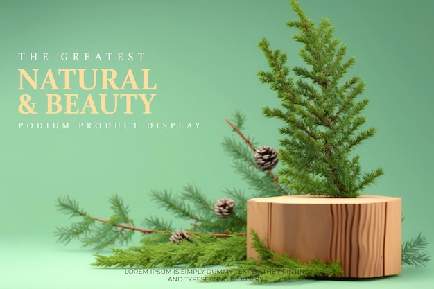 elegant and natural Wooden podium with a branch of larch on a green background for show product