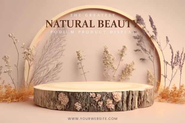 elegant and natural wooden podium with leaves , stage display mockup for show product presentation