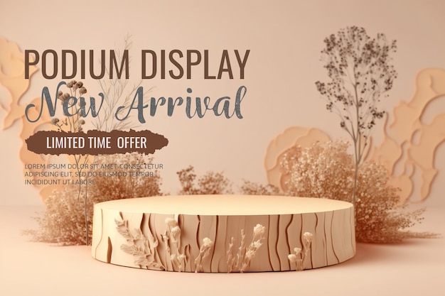 elegant and natural wooden podium with leaves , stage display mockup for show product presentation