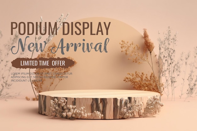 elegant and natural wooden podium with leaves , stage display mockup for show product presentation