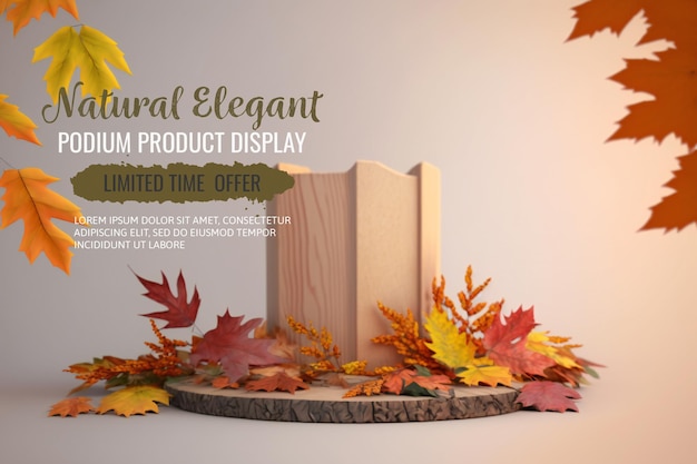 elegant and natural wooden podium with leaves , stage display mockup for show product presentation