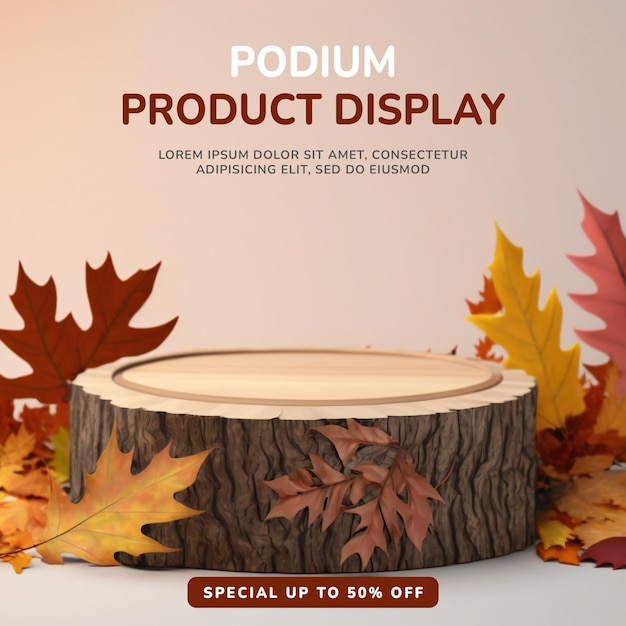 elegant and natural wooden podium with leaves , stage display mockup for show product presentation