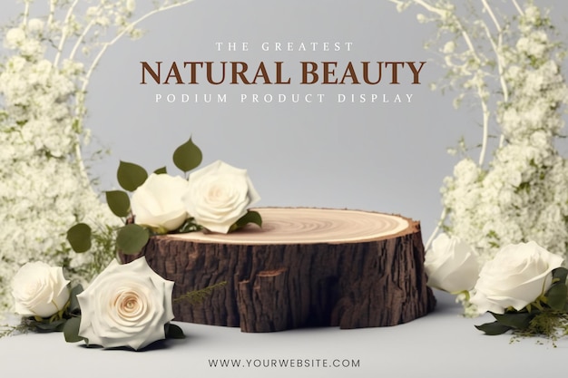 elegant and natural wooden podium with roses , stage display mockup for show product presentation