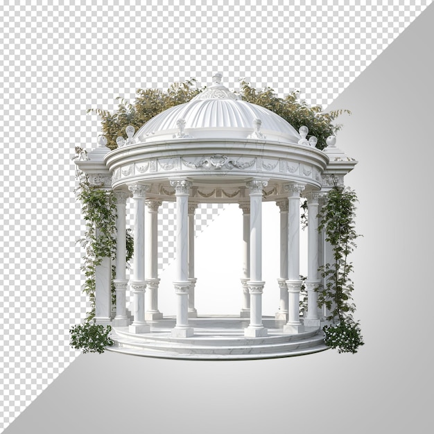 An elegant openair white canopy gazebo with 4 pillars and open entranceway isolated on white