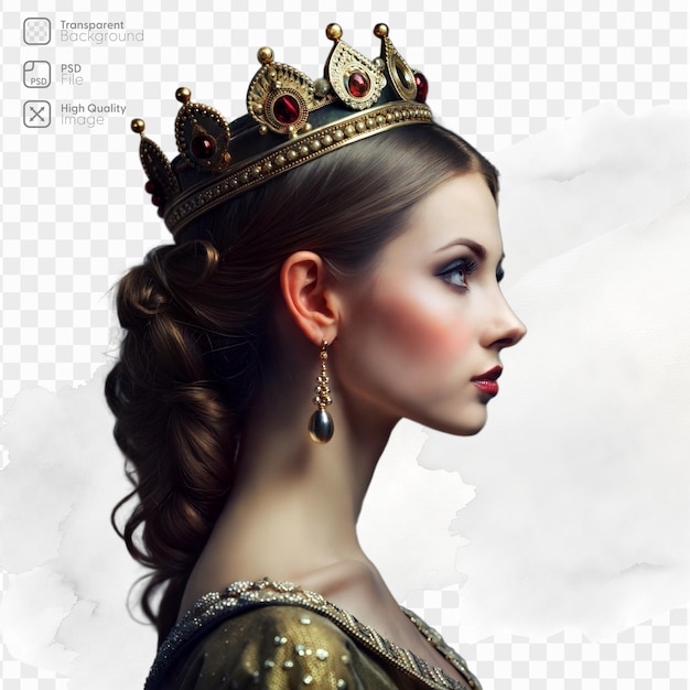 PSD elegant queen with golden crown on transparent background