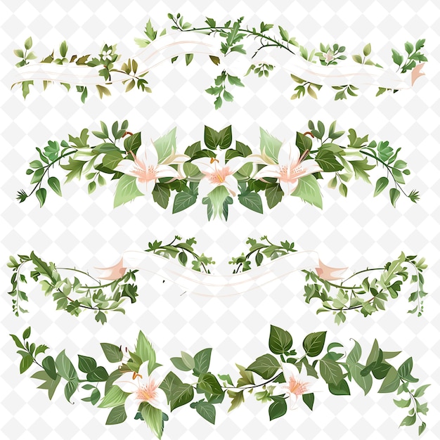 Elegant Ribbon With Cascading Ivy and Lilies on It Blooms an PNG Natural Inspired Flat Borderline