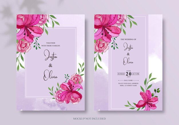 PSD elegant and romantic wedding invitation card with hand drawing soft flower and leaves psd