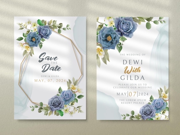 Elegant royal blue roses wedding invitation card